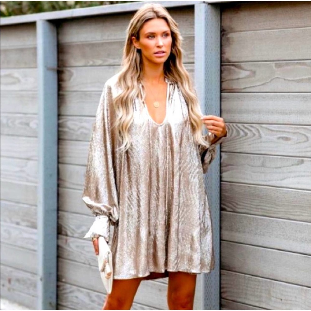Skylar Rose Womens L Metallic Champagne Gold Shift Mini Dress Long Sleeves